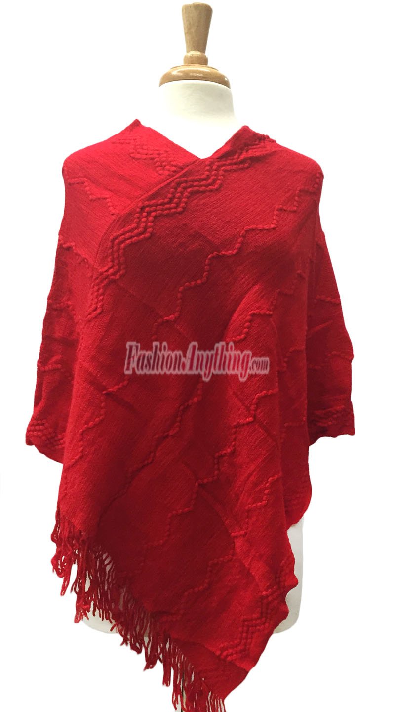 (image for) Wavy Solid Knit Poncho Red