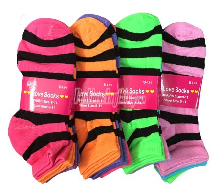 (image for) Women Black Strip Print Socks Dozen (12 Pairs) - Assorted Color