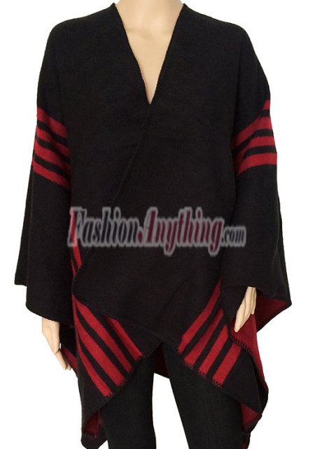 (image for) Stripe Wool Blended Blanket Poncho Red