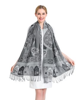 Paisley Flowers Pashmina BK/WT