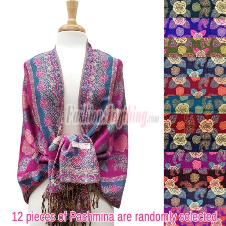 (image for) Metallic Rose Flower Pashmina 1 DZ, Asst. Color