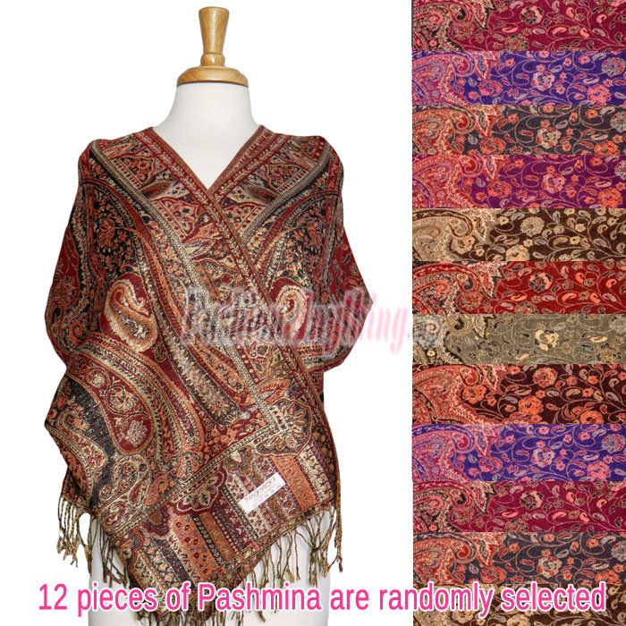 (image for) Paisley Floral Border Metallic Pashmina 1 DZ, Asst. Color