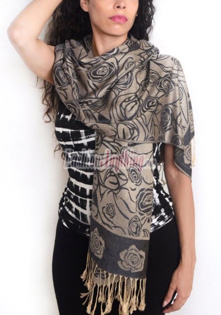 (image for) Rose Border Pashmina Navy/Beige