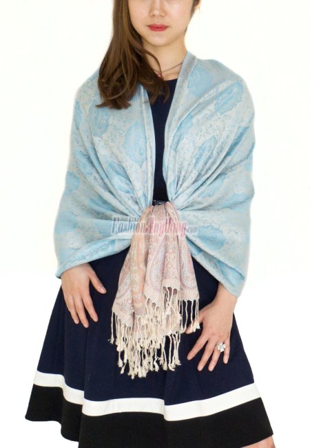 (image for) Paisley Leaves Pashmina Light Blue / Beige