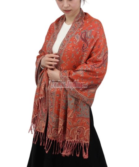 (image for) Jacquard Paisley Pashmina Orange Red