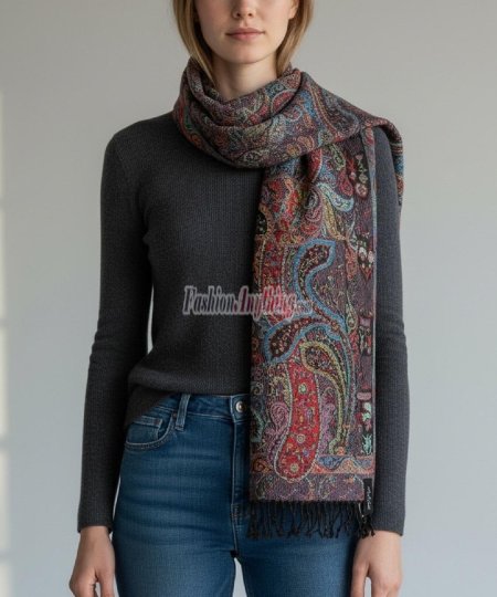 (image for) Reversible Paisley Pashmina Teal/Black Multi