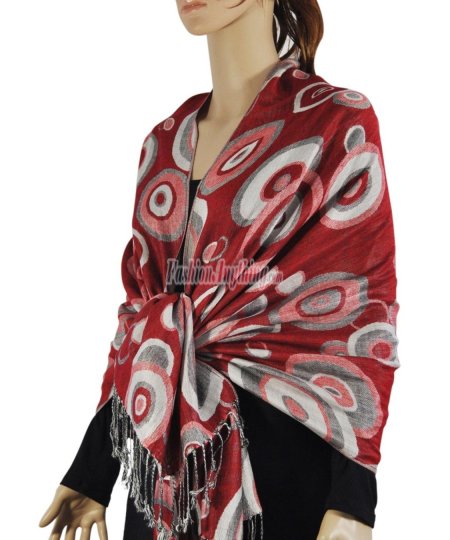 (image for) Multi-Colored Circle Pattern Pashmina Red / White