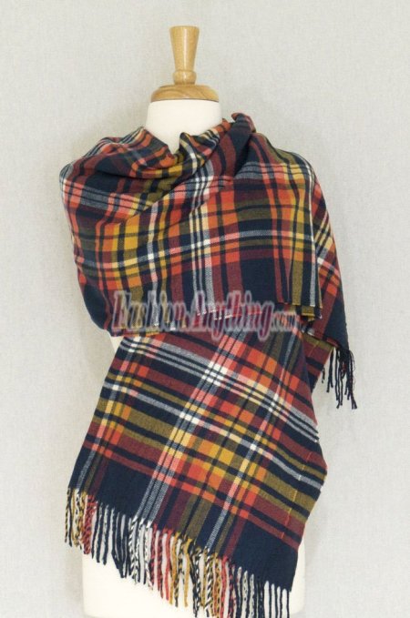 (image for) Cashmere Feel Plaid Shawl Navy Multi