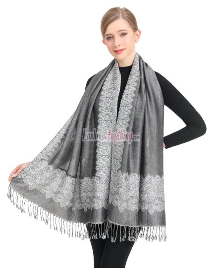 (image for) Border Patterned Pashmina Silver