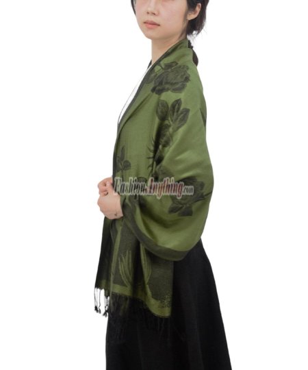 (image for) Rose & Leaf Pashmina Olive Green/Black