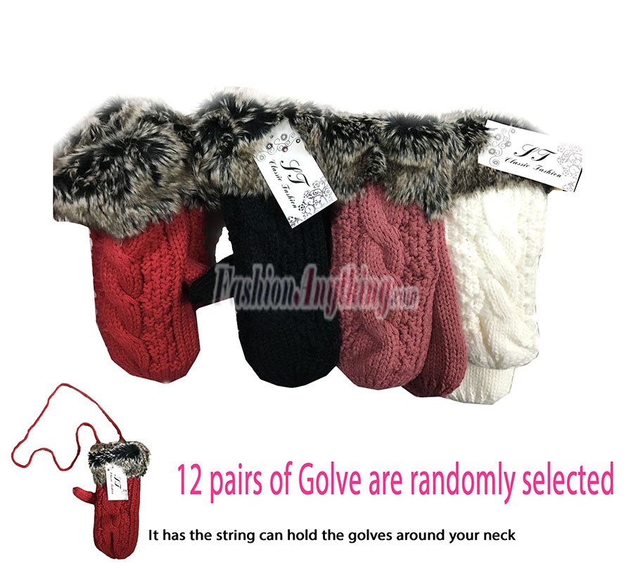 Fur Cuff Mitten Gloves 1dz (12 pairs) Assorted Color