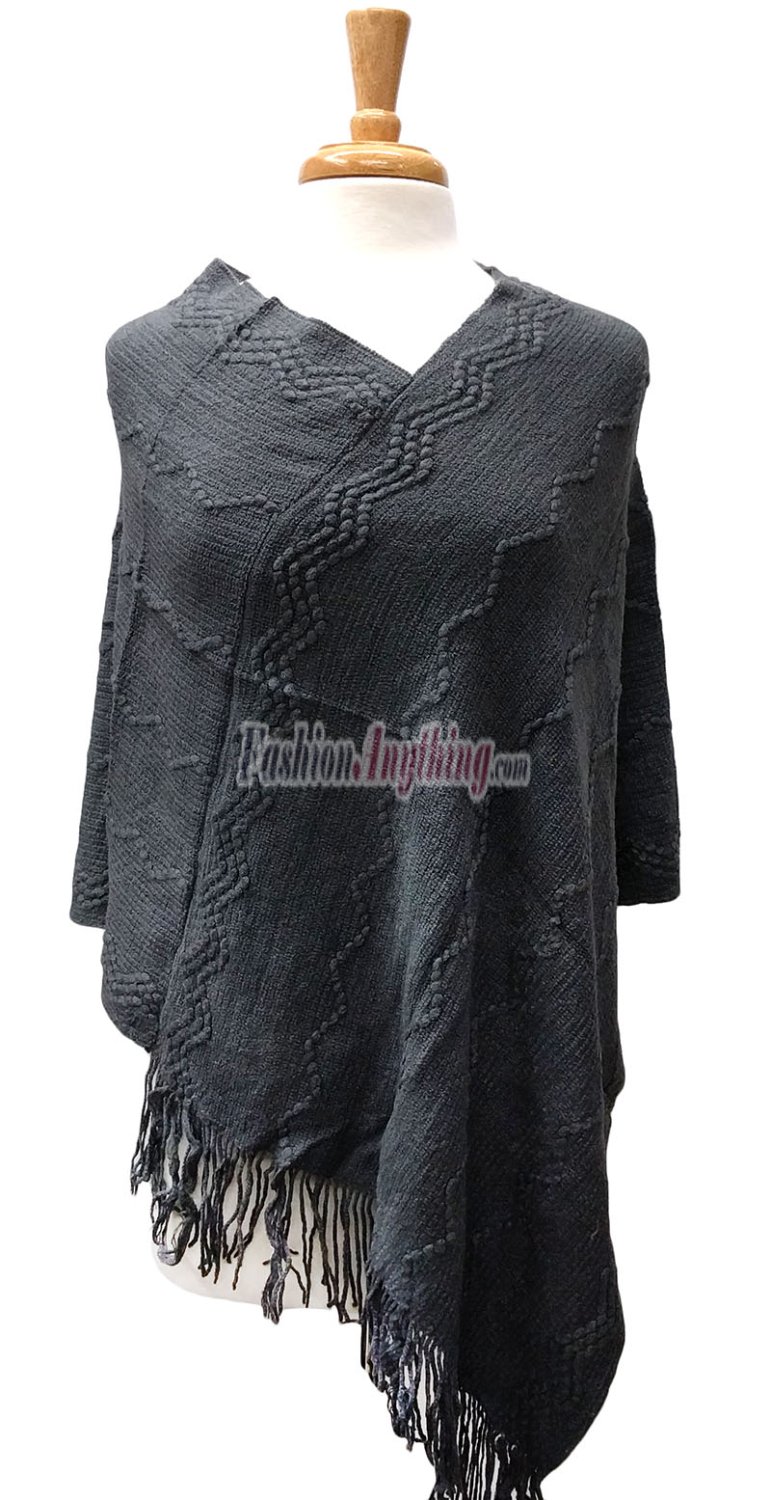 (image for) Wavy Solid Knit Poncho Dark Grey