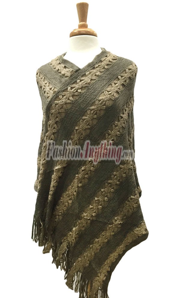 (image for) Floral Two Tone Thick Knit Poncho Brown