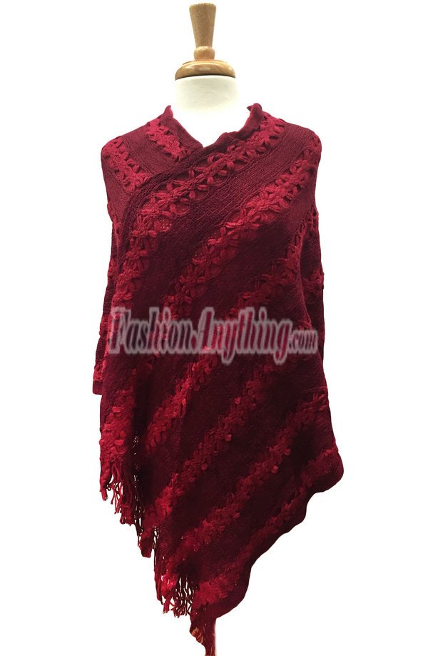 (image for) Floral Two Tone Thick Knit Poncho Dark Red