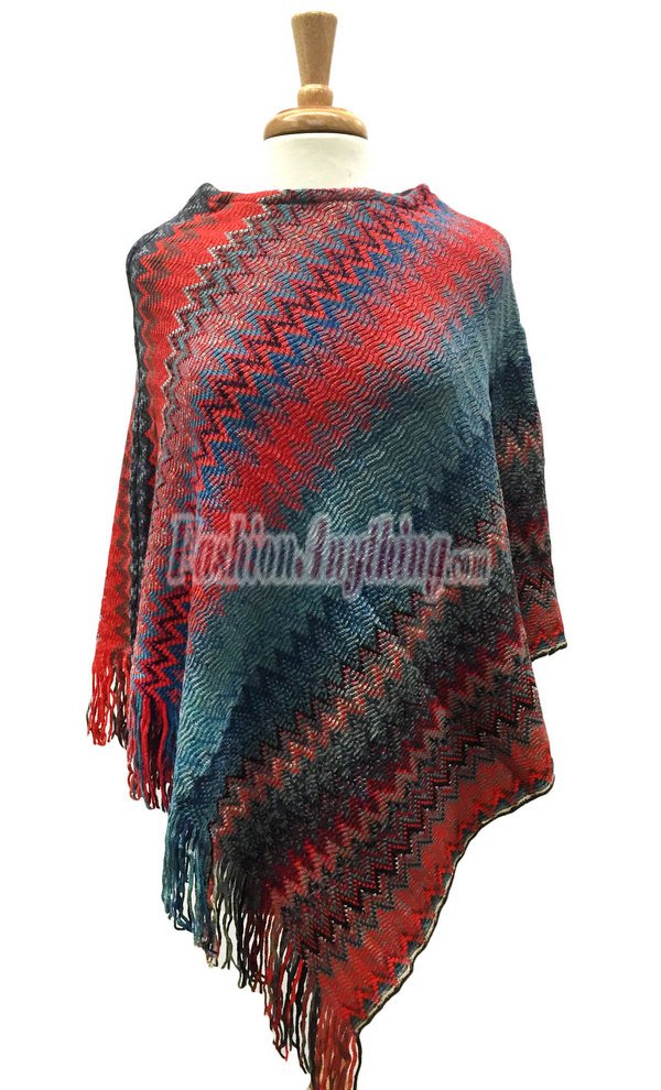 (image for) Zigzag Thick Knit Poncho Red / Teal