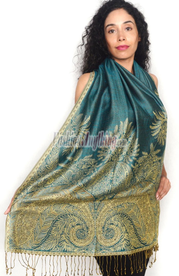 Big Paisley Thicker Pashmina Turquoise/Gold Dozen (12 Pcs)