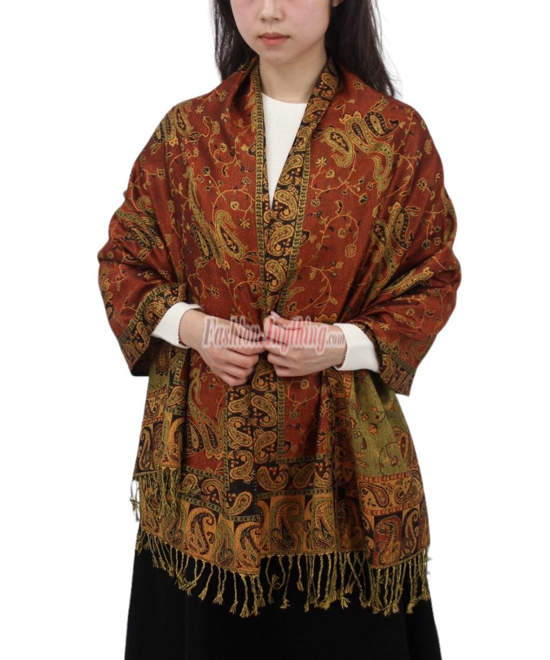 (image for) Jacquard Paisley Pashmina Rust Brown