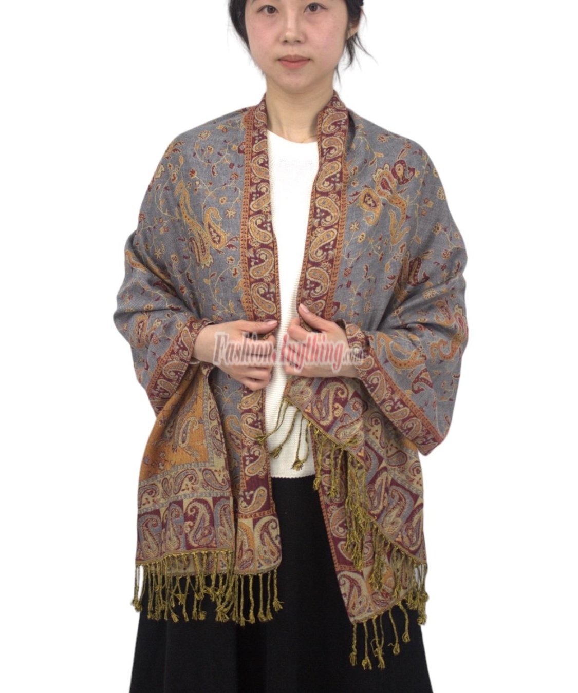 (image for) Jacquard Paisley Pashmina 2-Ply Pale Grey/Brown