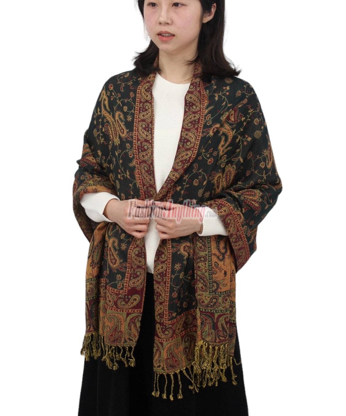 (image for) Jacquard Paisley Pashmina 2-Ply Dark Green