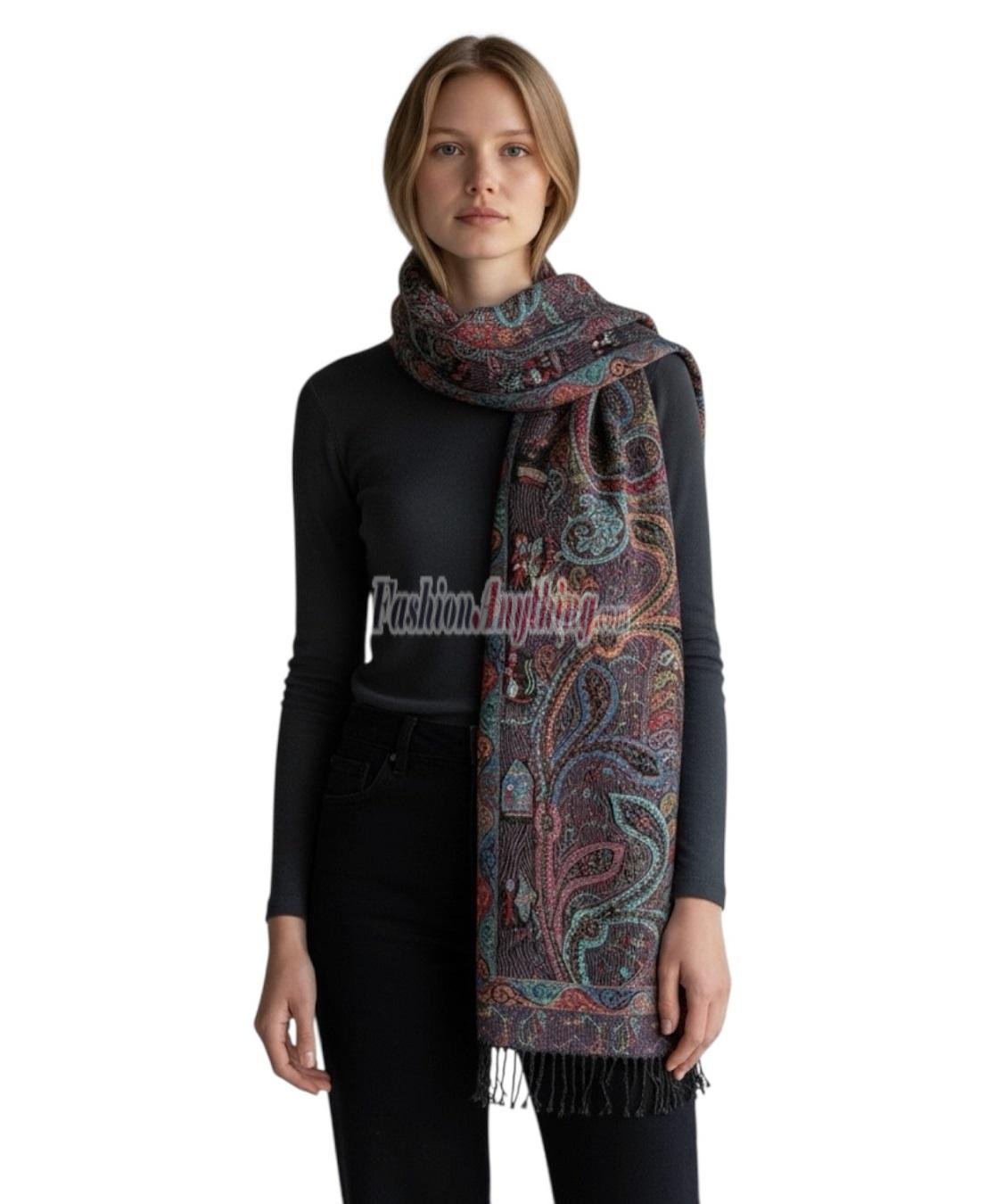 (image for) Reversible Paisley Pashmina Teal/Black Multi