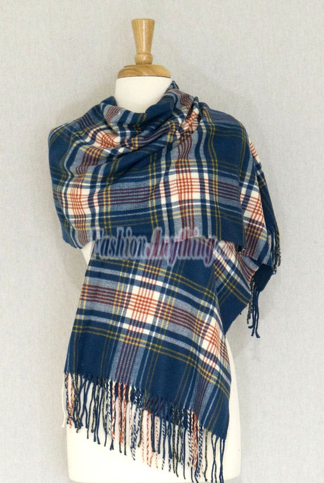 (image for) Cashmere Feel Plaid Shawl Blue / Yellow