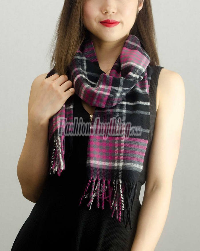 Woven Cashmere Feel Plaid Scarf Z22 Hot Pink/Black