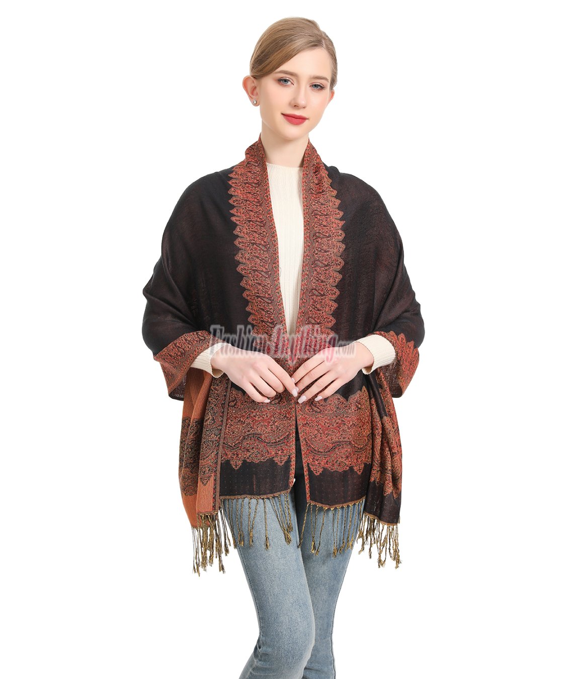 (image for) Border Patterned Pashmina Label Black Orange