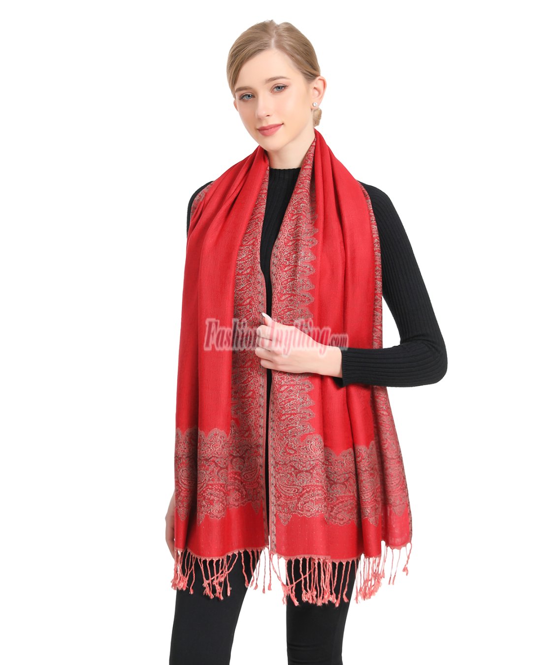 (image for) Border Patterned Pashmina label Red