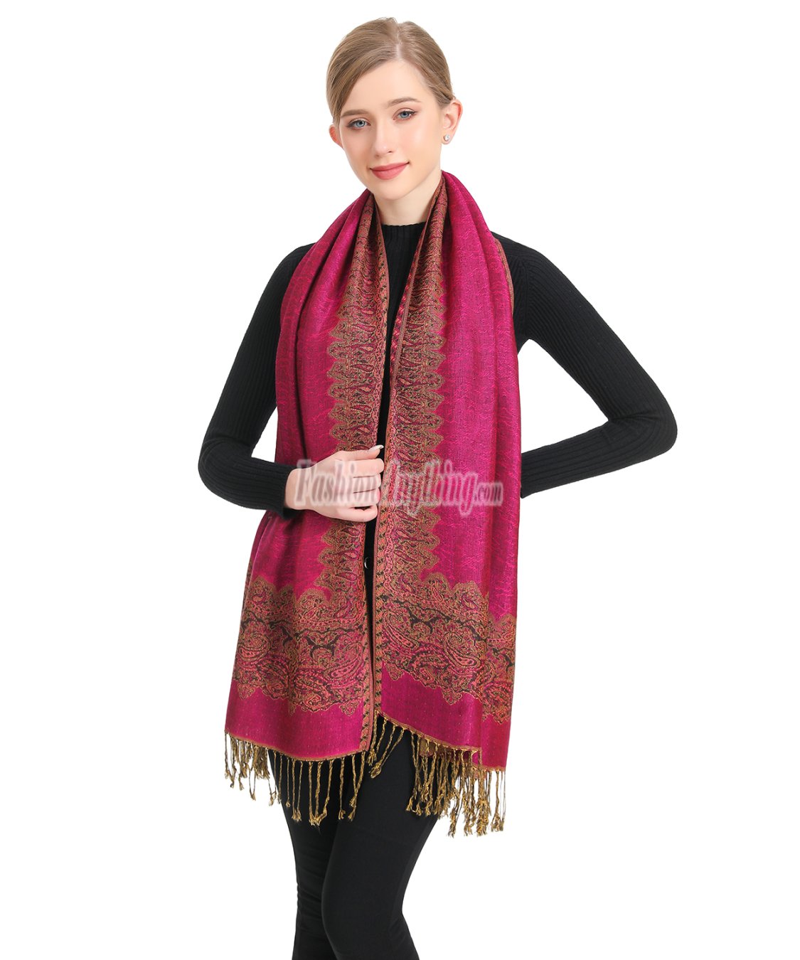 (image for) Border Patterned Pashmina Hot Pink