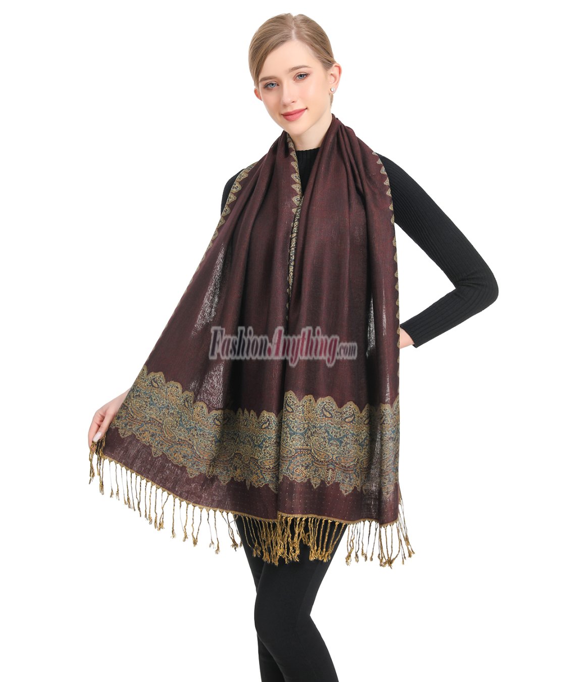 (image for) Border Patterned Pashmina Dark Burgundy