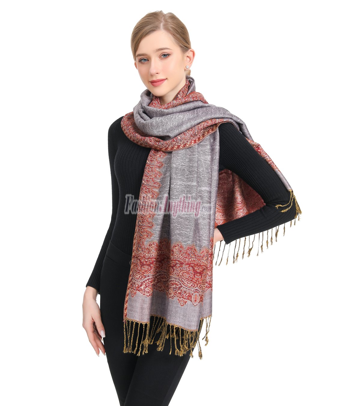 (image for) Border Patterned Pashmina Grey Purple