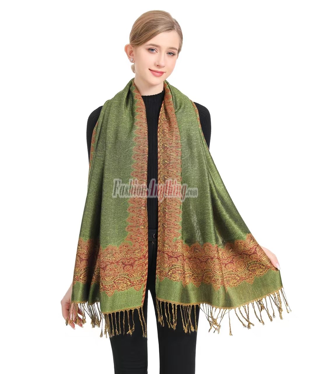 (image for) Border Patterned Pashmina label Grass Green