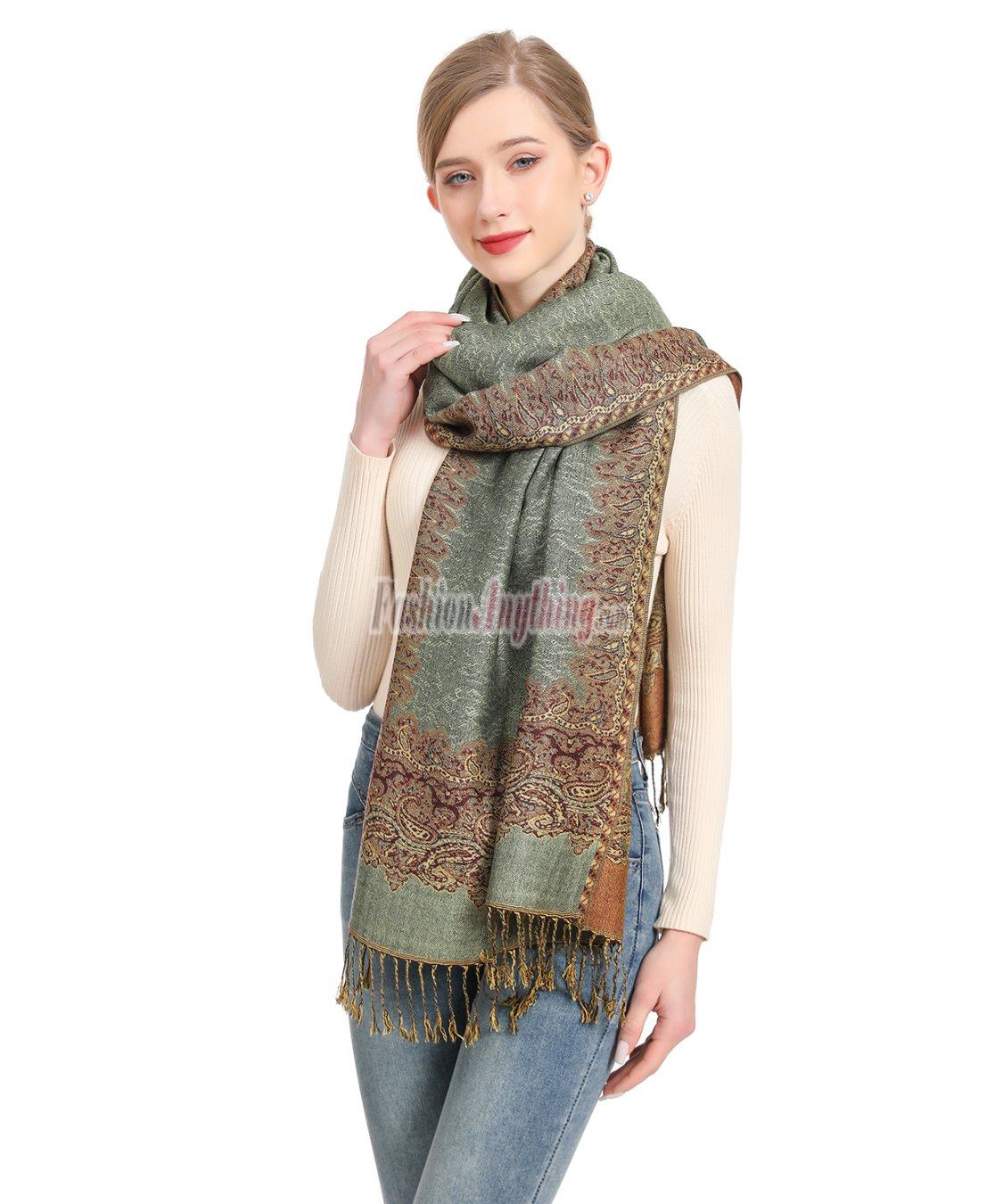 (image for) Border Patterned Pashmina Dark Sea Green