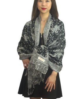 Jacquard Paisley Pashmina 2-Ply Black/White