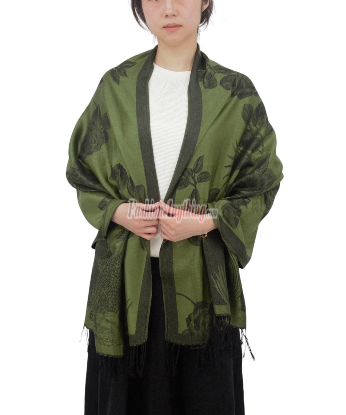 (image for) Rose & Leaf Pashmina Olive Green/Black