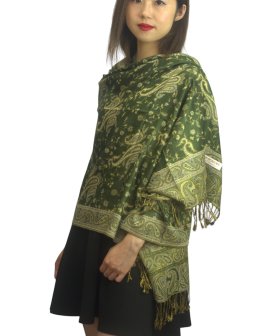 Jacquard Paisley Pashmina 2-Ply Army Green
