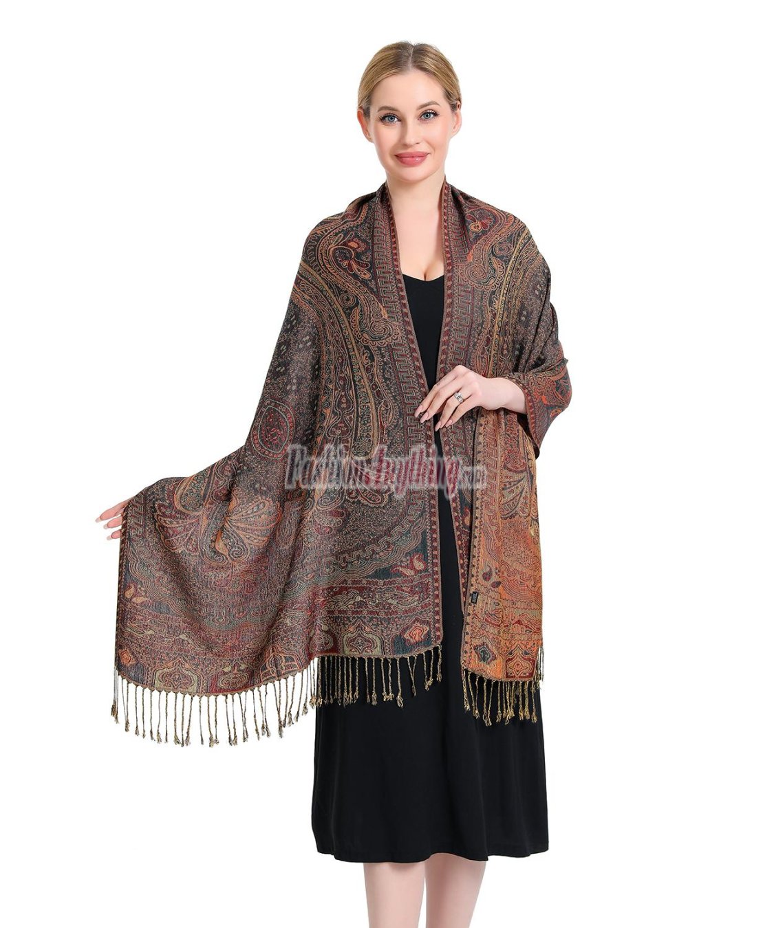 (image for) Paisley Patterned Pashmina Teal/Orange