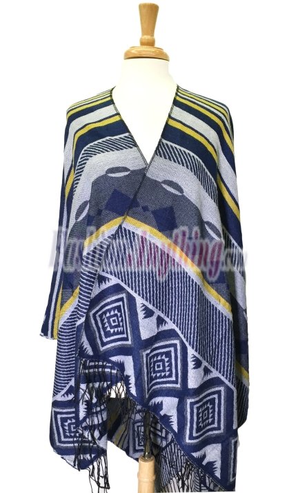 (image for) Stripe Diamond Pattern Blanket Poncho Wrap Blue