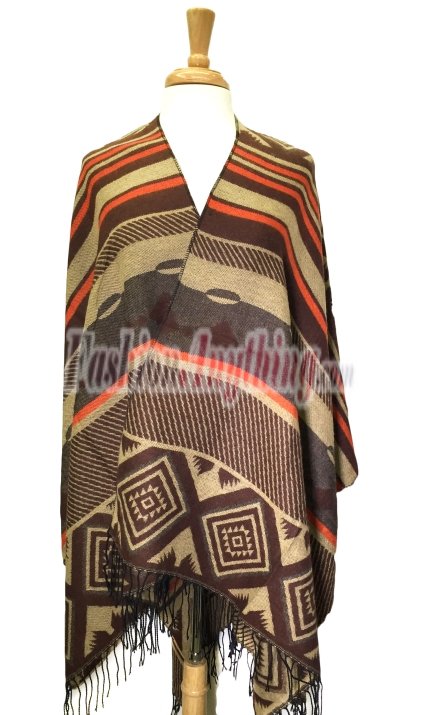 (image for) Stripe Diamond Pattern Blanket Poncho Wrap Brown