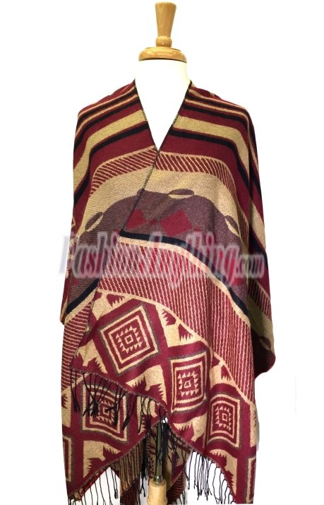 (image for) Stripe Diamond Pattern Blanket Poncho Wrap Burgundy