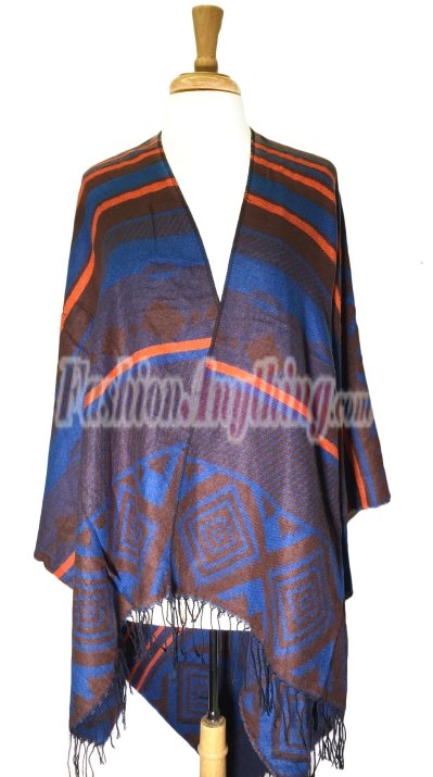 (image for) Stripe Diamond Pattern Blanket Poncho Wrap Dark Brown