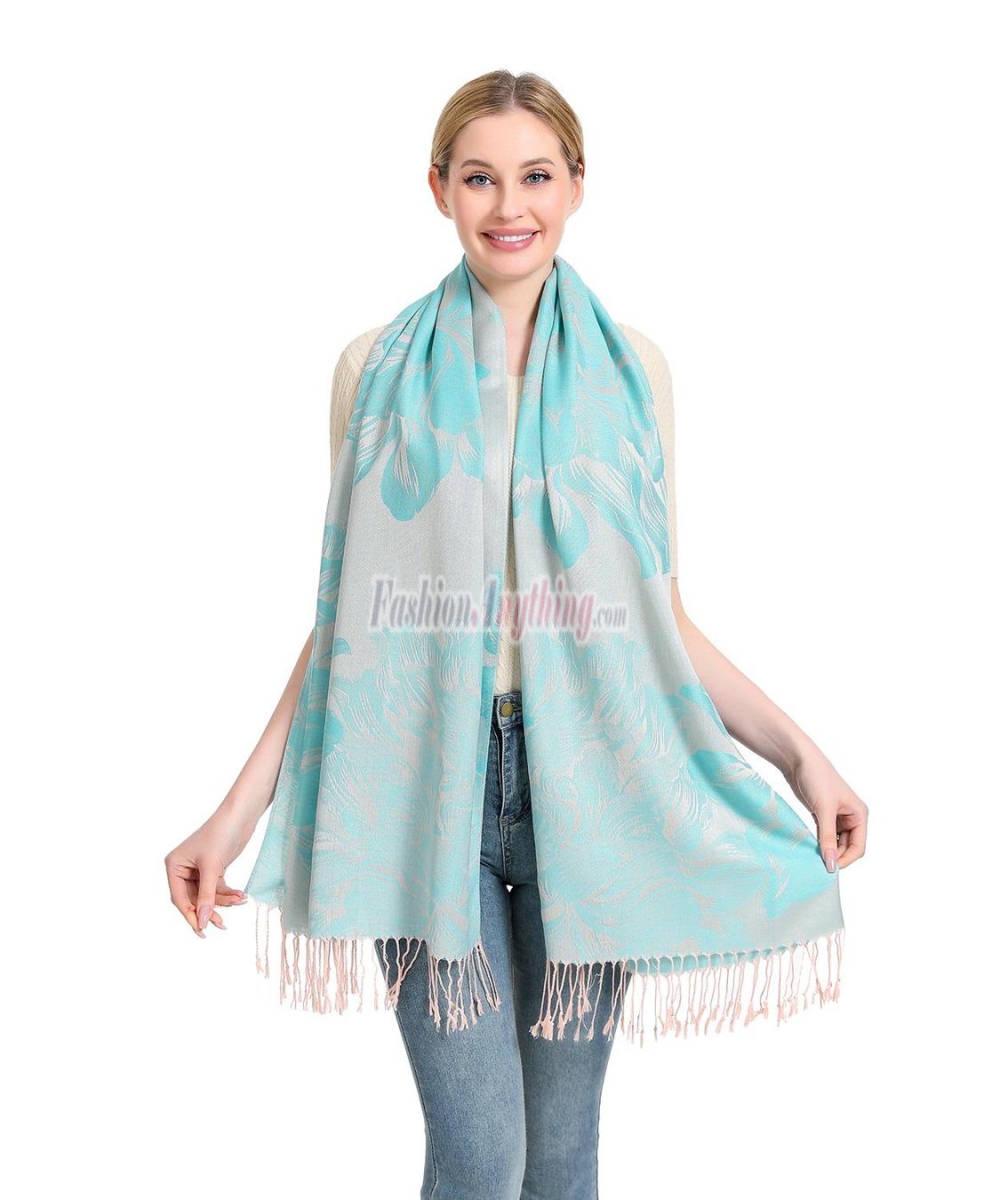 (image for) Peony Pattern Pashmina Tiffany Blue/Tan
