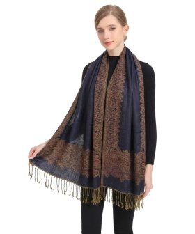(image for) Border Patterned Pashmina Navy