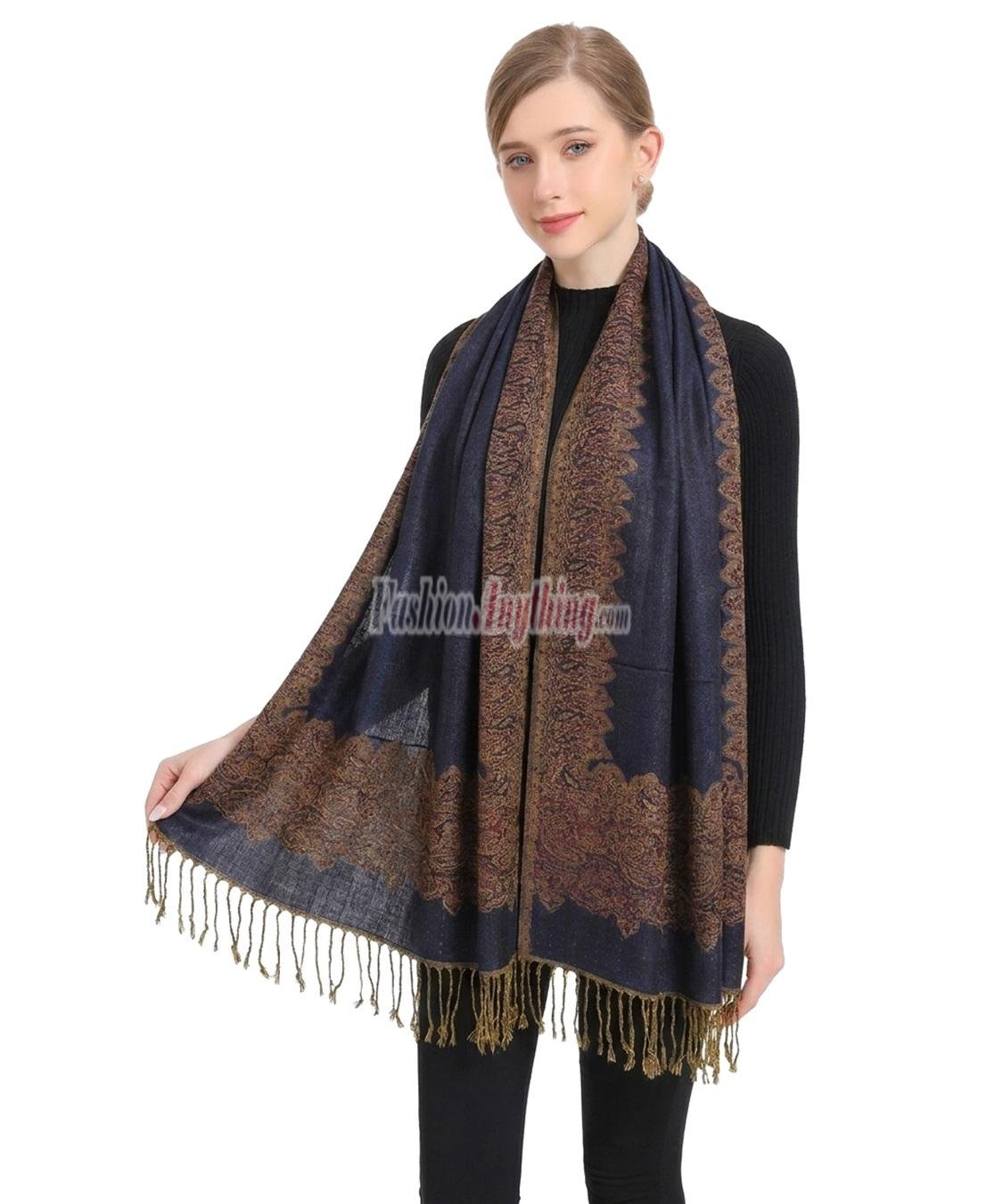 (image for) Border Patterned Pashmina Navy