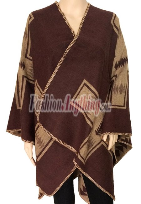 (image for) Wool Blended Blanket Poncho Brown