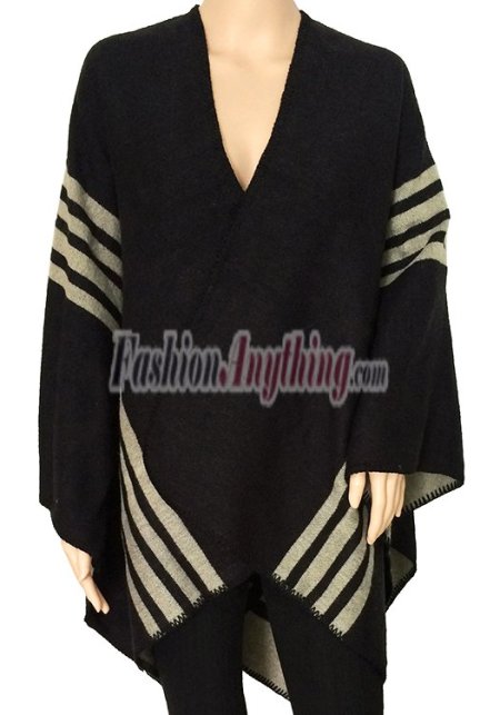 (image for) Stripe Wool Blended Blanket Poncho Beige