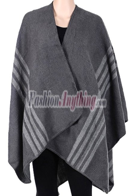 (image for) Stripe Wool Blended Blanket Poncho Grey