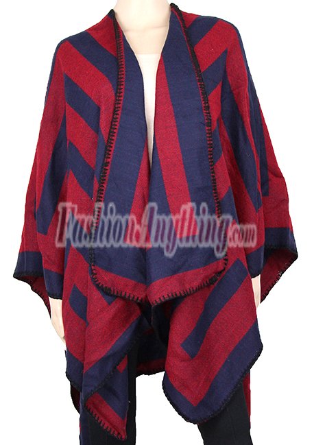 Checker Wool Blended Blanket Poncho Red / Blue