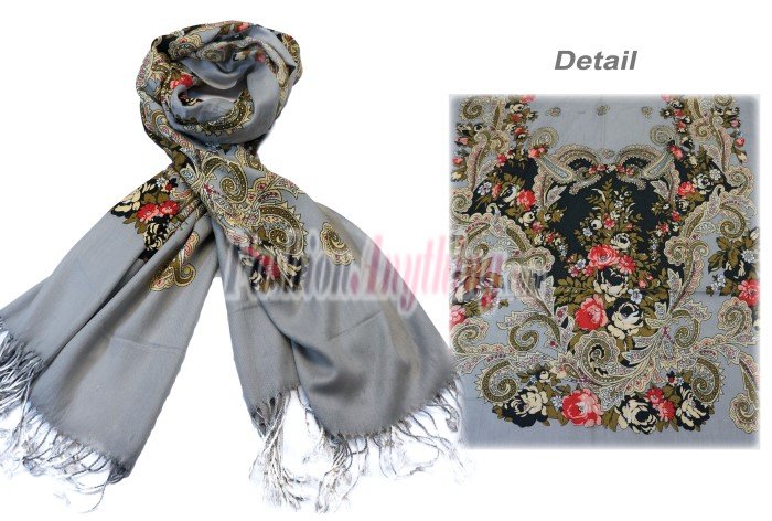 Lavish paisley flower print scarf grey