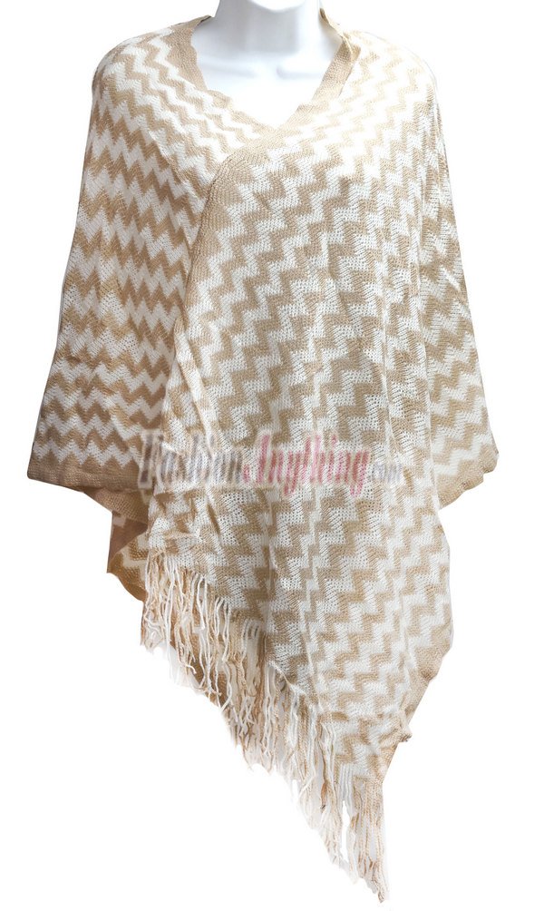 (image for) Zigzag Knit Poncho Beige / White